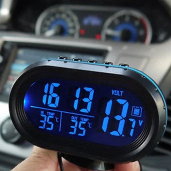 Автомобільний годинник VST-7009V підсвічування + 2 термометри + вольтметр, живлення від акумулятора авто 12В-24В