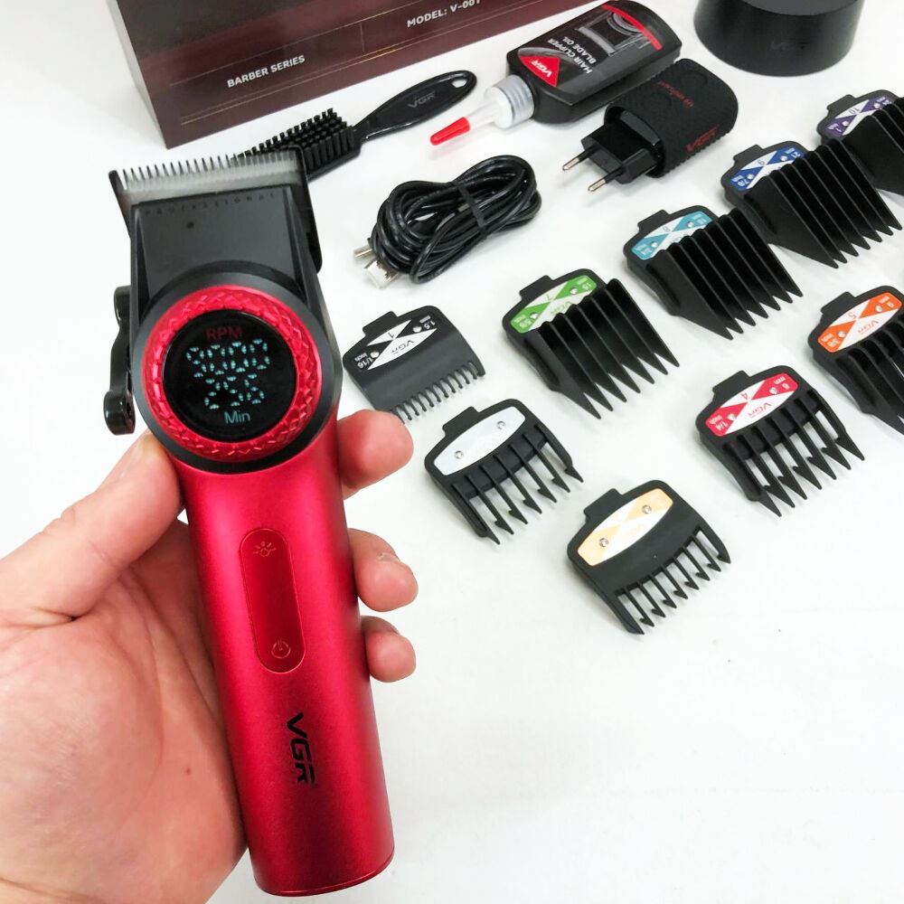 Професійна машинка для стрижки волосся VGR V-001 RED з дисплеєм 9000 об та 10 насадками (1,5-24 мм)