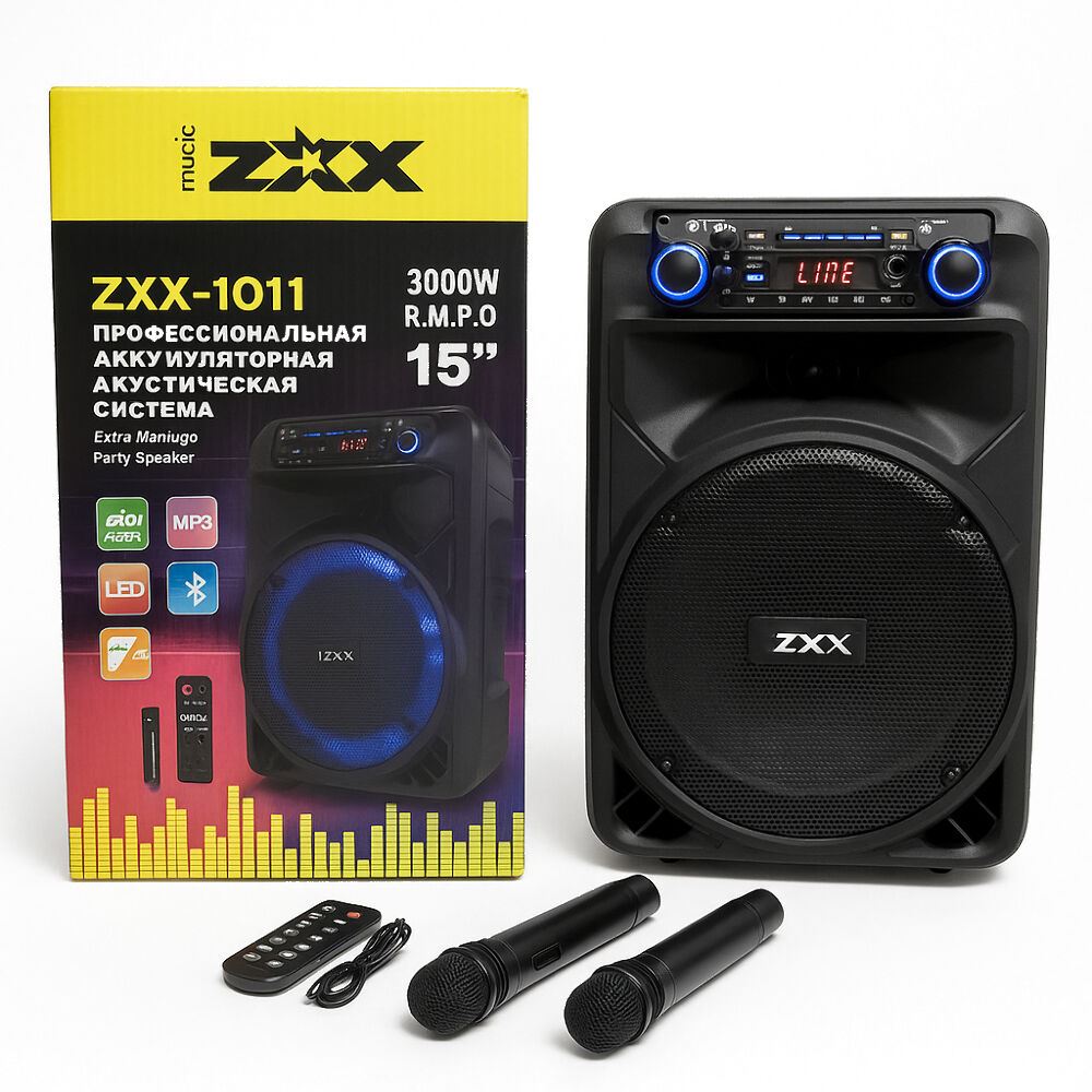 Професійна акумуляторна акустична система ZXX-1011 800 Вт 15" зі світломузикою та мікрофонами