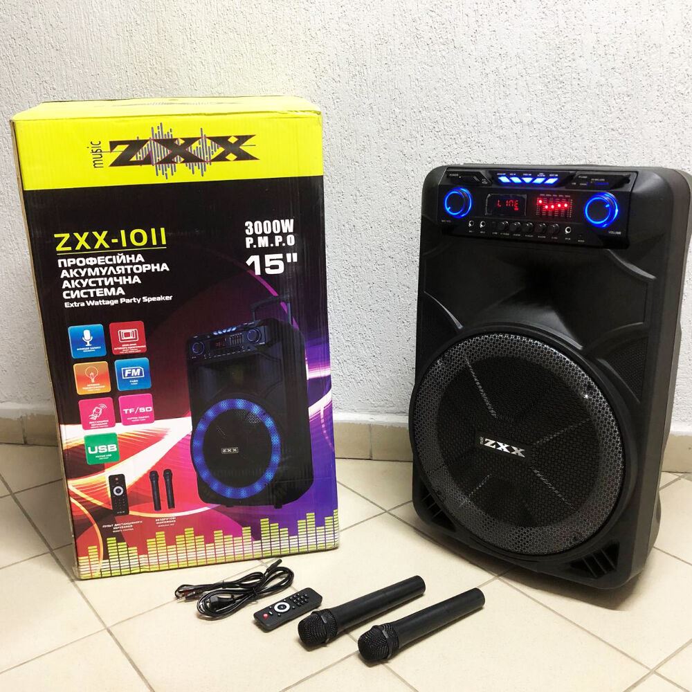 Професійна акумуляторна акустична система ZXX-1011 800 Вт 15" зі світломузикою та мікрофонами