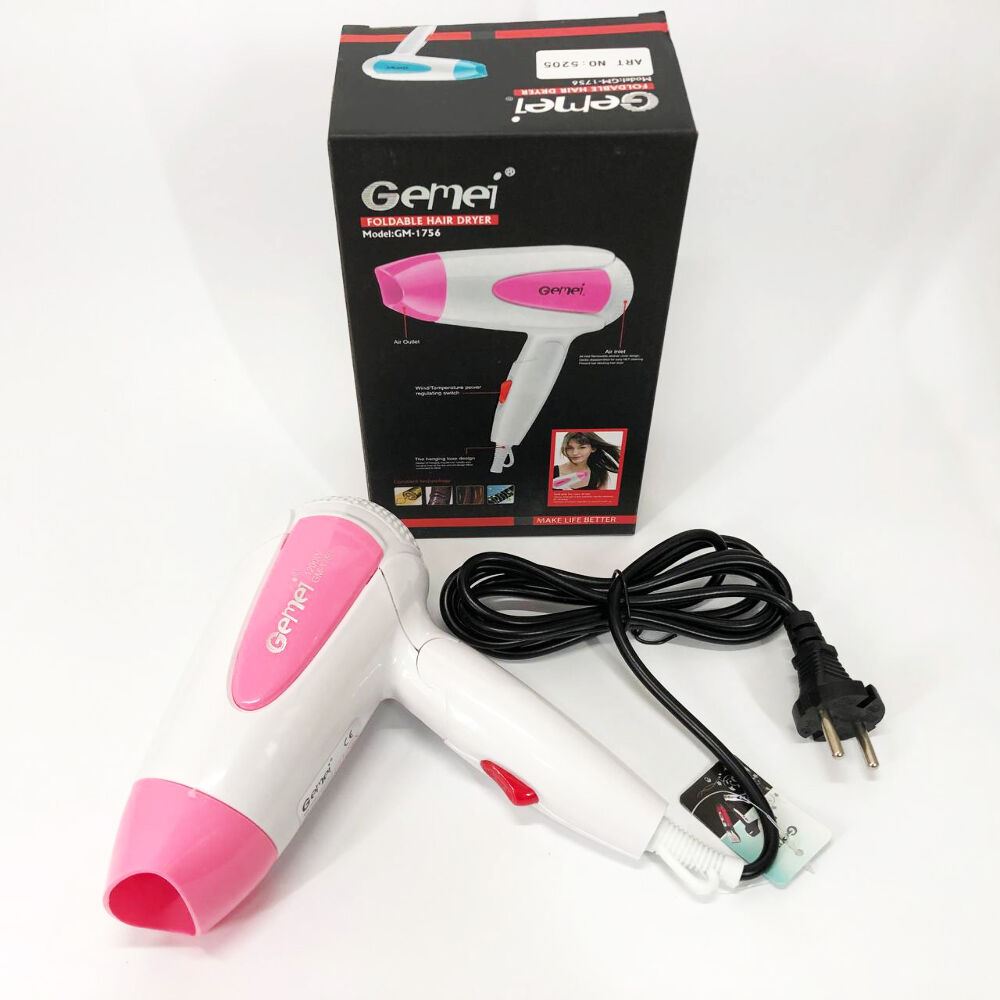 Фен для волосся складаний дорожній Gemei GM-1756 1200 Вт, Домашній фен для укладання. Колір: рожевий